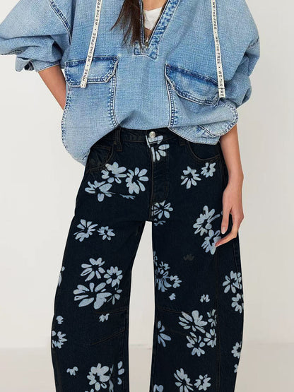 Floral Barrel Leg Jeans For Women - Boho Horseshoe Cut Wide Leg Denim Pants - Spring Music Festival 2026
