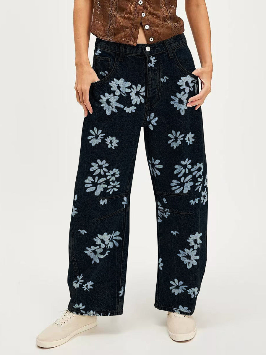 Floral Barrel Leg Jeans For Women - Boho Horseshoe Cut Wide Leg Denim Pants - Spring Music Festival 2026