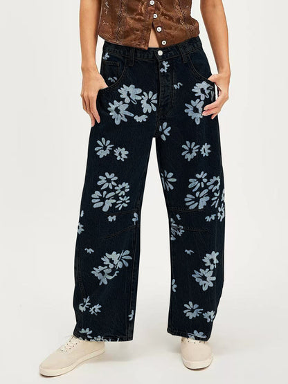 Floral Barrel Leg Jeans For Women - Boho Horseshoe Cut Wide Leg Denim Pants - Spring Music Festival 2026