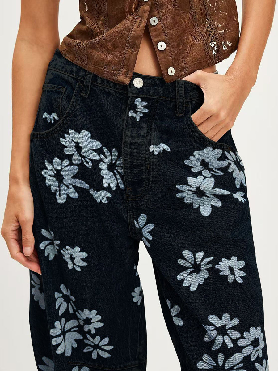 Floral Barrel Leg Jeans For Women - Boho Horseshoe Cut Wide Leg Denim Pants - Spring Music Festival 2026