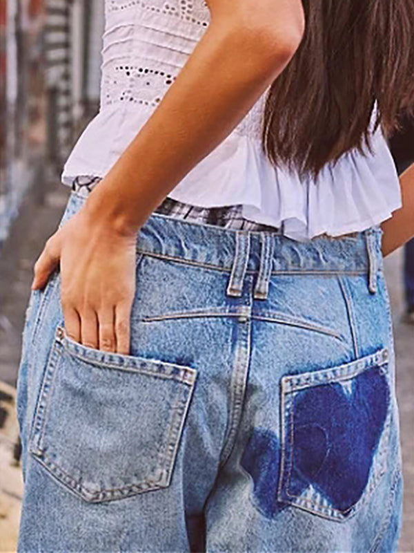 Heart Pattern Barrel Jeans For Women - Light Blue Horseshoe Baggy Denim Trousers - Spring Music Festival 2026