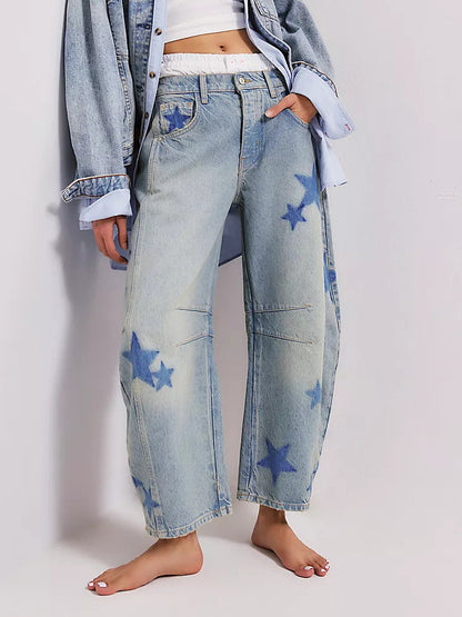 Star Print Barrel Jeans For Women - Light Wash Boho Horseshoe Baggy Denim Trousers - Spring Music Festival 2026