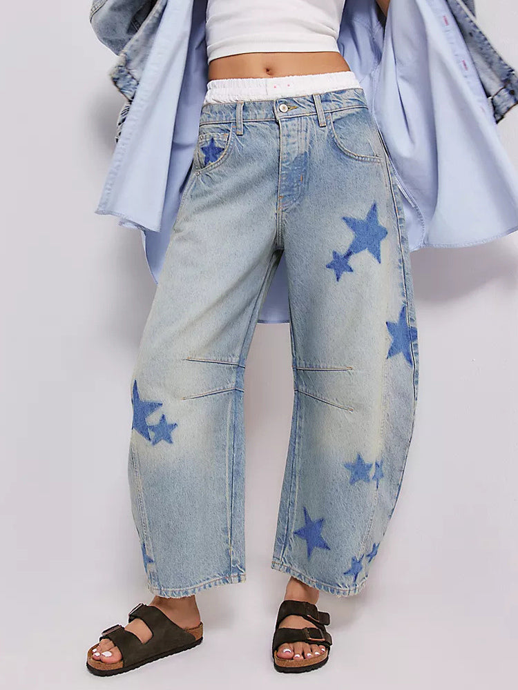 Star Print Barrel Jeans For Women - Light Wash Boho Horseshoe Baggy Denim Trousers - Spring Music Festival 2026