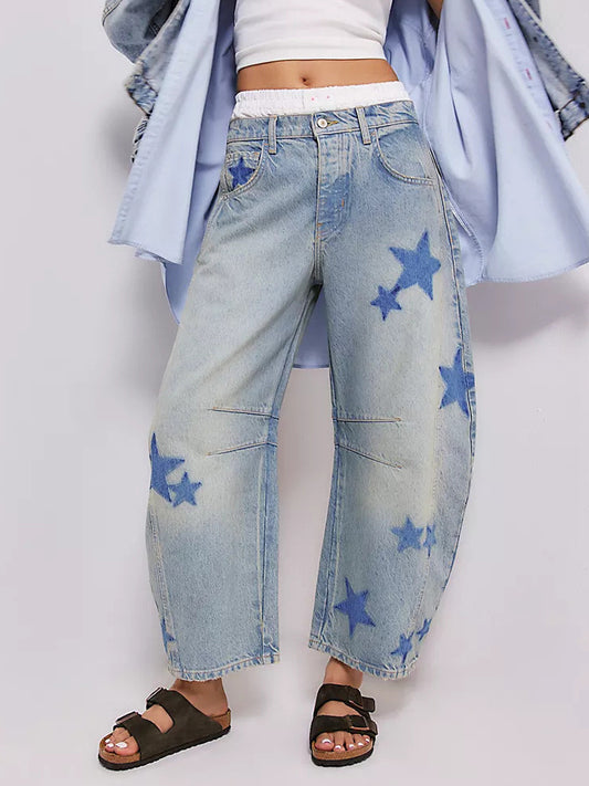 Star Print Barrel Jeans For Women - Light Wash Boho Horseshoe Baggy Denim Trousers - Spring Music Festival 2026