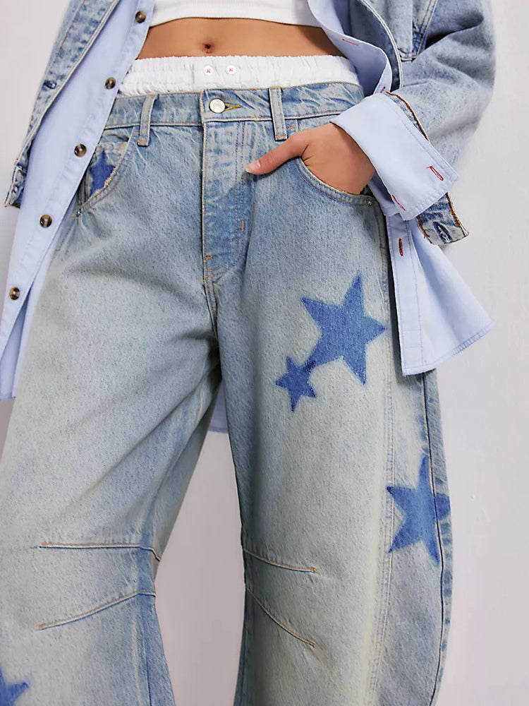 Star Print Barrel Jeans For Women - Light Wash Boho Horseshoe Baggy Denim Trousers - Spring Music Festival 2026