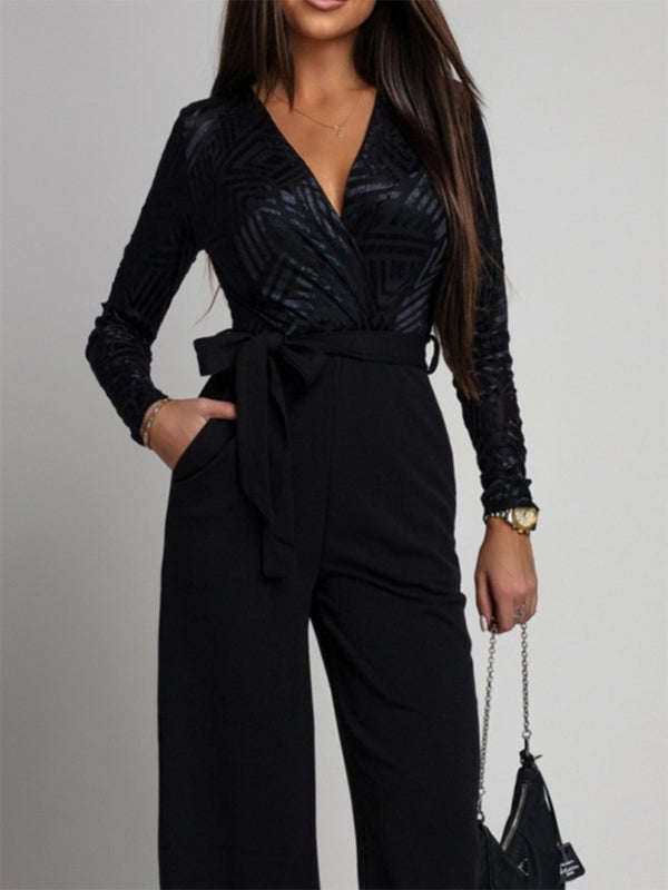 Elegant Wide Leg Jumpsuit For Women - Black Geometric V Neck Long Sleeve Belted Romper - Spring Evening Party 2026