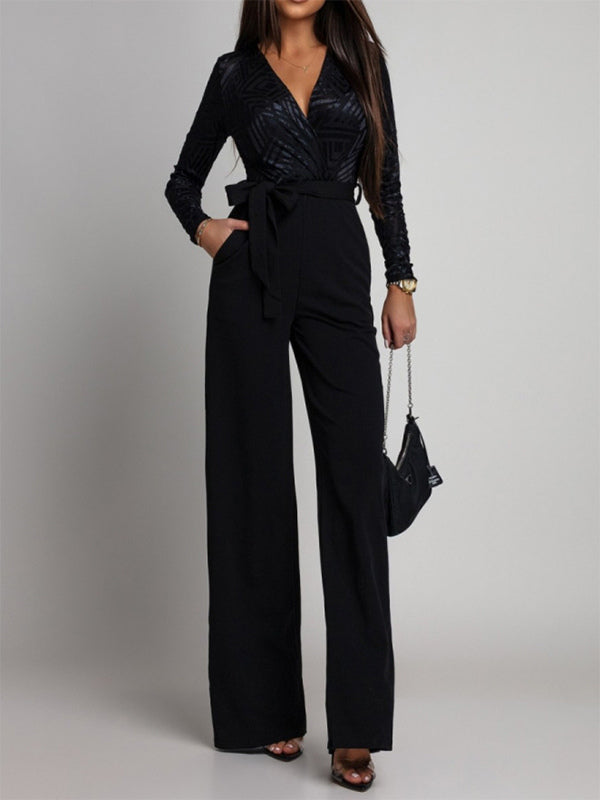 Elegant Wide Leg Jumpsuit For Women - Black Geometric V Neck Long Sleeve Belted Romper - Spring Evening Party 2026
