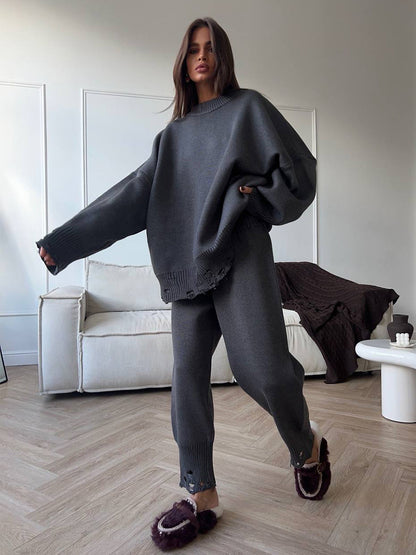 Oversized Knit 2 Piece Set For Women - Casual Distressed Sweater And Trousers - Spring Cozy Lounge Suit 2026