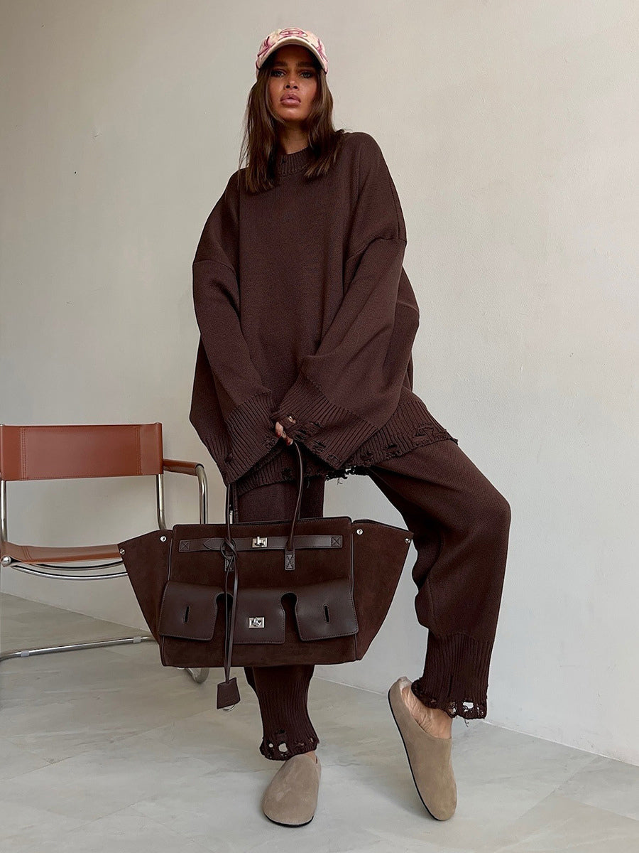 Oversized Knit 2 Piece Set For Women - Casual Distressed Sweater And Trousers - Spring Cozy Lounge Suit 2026