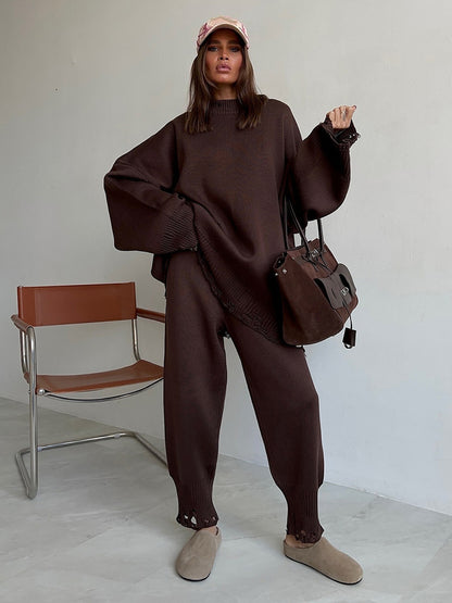 Oversized Knit 2 Piece Set For Women - Casual Distressed Sweater And Trousers - Spring Cozy Lounge Suit 2026