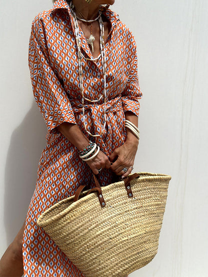 Printed Shirt Dress For Women - Casual Collared Button Down Tie Waist Midi Kaftan - Summer Beach Resort 2026
