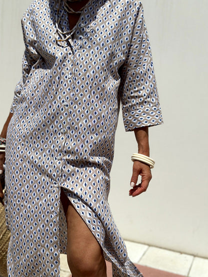 Printed Shirt Dress For Women - Casual Collared Button Down Tie Waist Midi Kaftan - Summer Beach Resort 2026