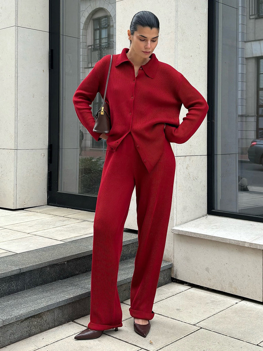 Oversized Knit Loungewear 2 Piece Set For Women - Casual Cardigan And Wide Leg Pants - Spring Cozy Streetwear 2026