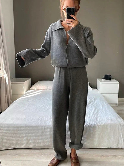 Oversized Knit Loungewear 2 Piece Set For Women - Casual Cardigan And Wide Leg Pants - Spring Cozy Streetwear 2026