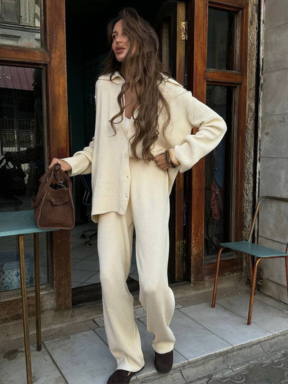 Oversized Knit Loungewear 2 Piece Set For Women - Casual Cardigan And Wide Leg Pants - Spring Cozy Streetwear 2026