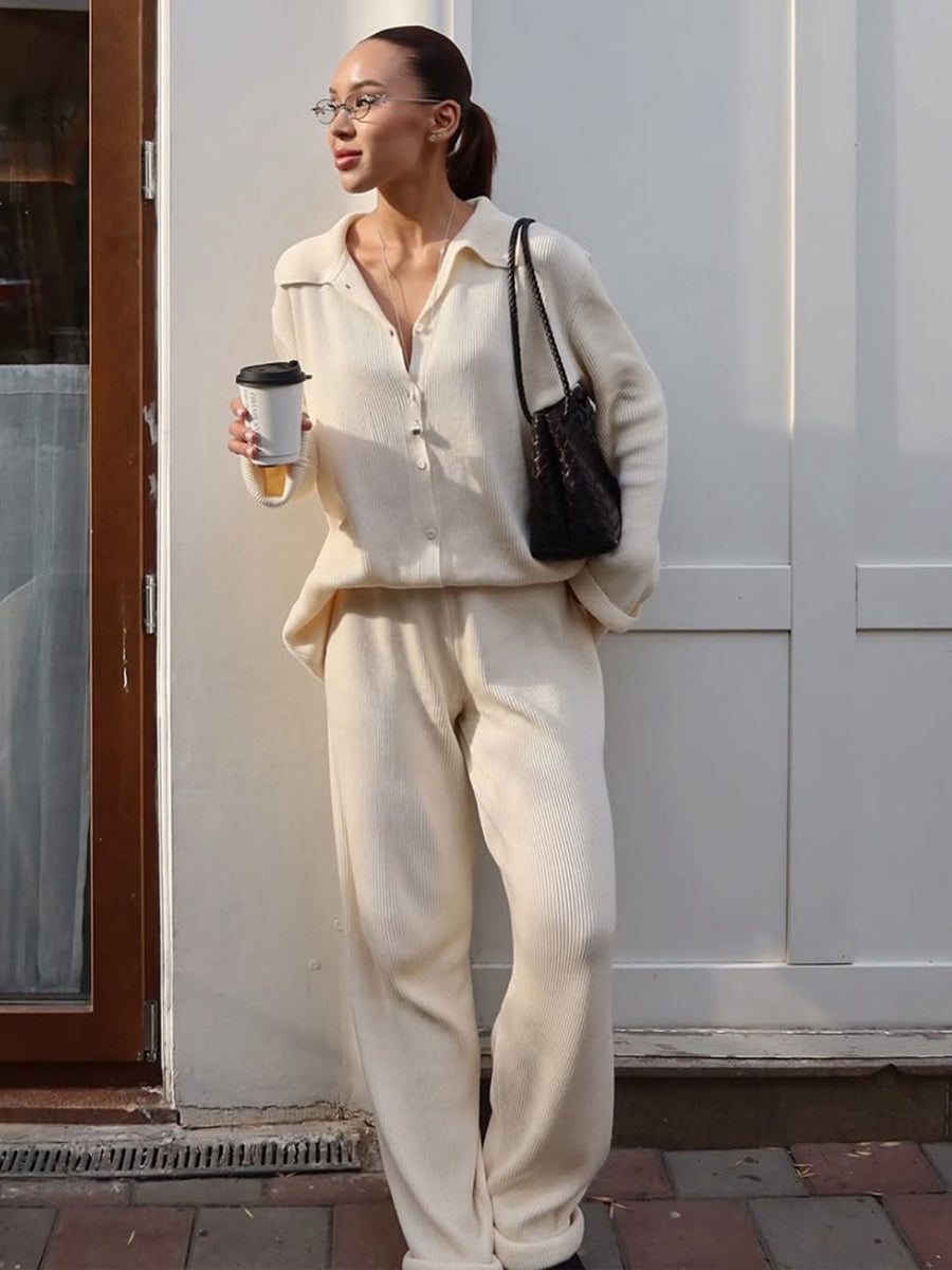 Oversized Knit Loungewear 2 Piece Set For Women - Casual Cardigan And Wide Leg Pants - Spring Cozy Streetwear 2026