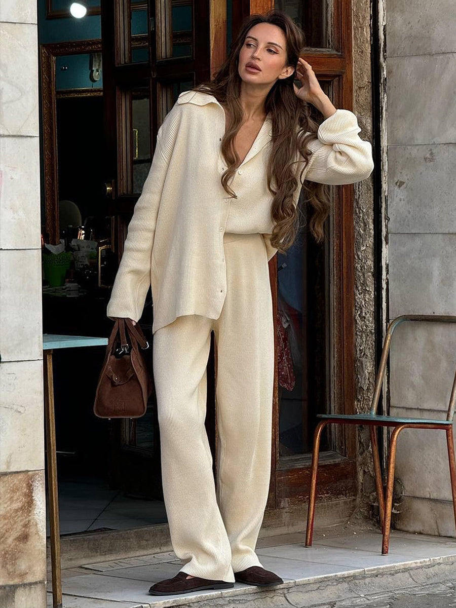Oversized Knit Loungewear 2 Piece Set For Women - Casual Cardigan And Wide Leg Pants - Spring Cozy Streetwear 2026