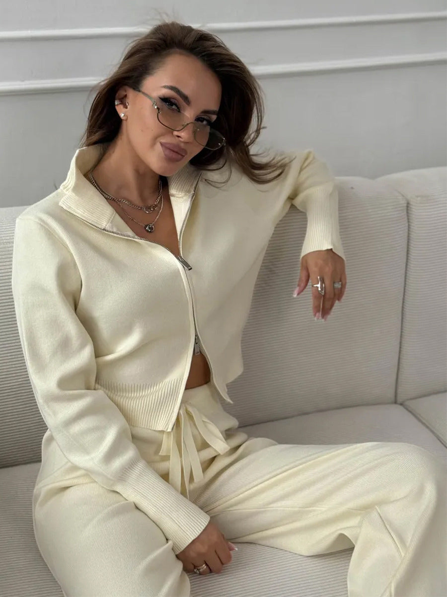 Two Way Zip Knit Lounge Set For Women - Chic Mock Neck Cardigan And Wide Leg Pants - Spring Casual Streetwear 2026