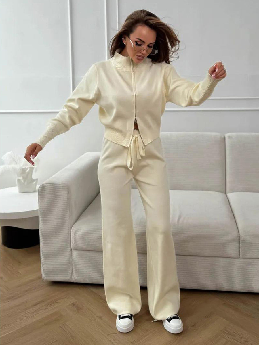 Two Way Zip Knit Lounge Set For Women - Chic Mock Neck Cardigan And Wide Leg Pants - Spring Casual Streetwear 2026