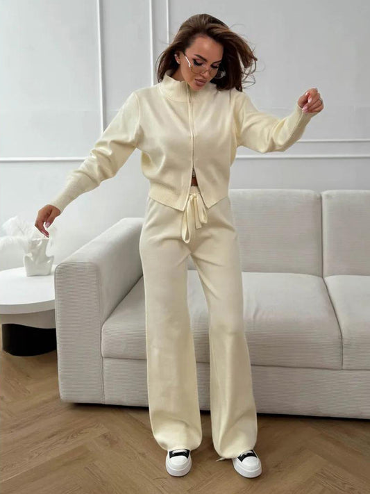 Two Way Zip Knit Lounge Set For Women - Chic Mock Neck Cardigan And Wide Leg Pants - Spring Casual Streetwear 2026