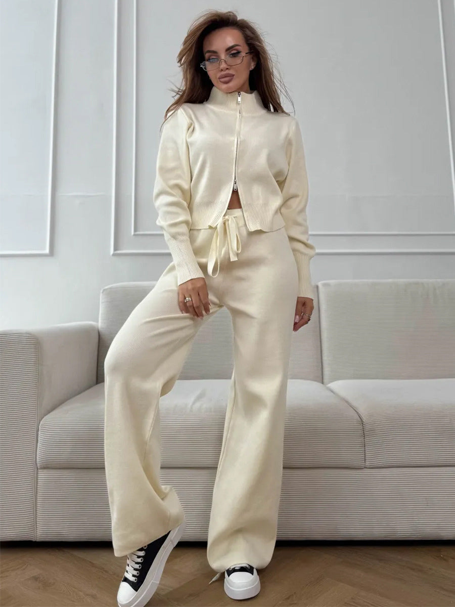 Two Way Zip Knit Lounge Set For Women - Chic Mock Neck Cardigan And Wide Leg Pants - Spring Casual Streetwear 2026