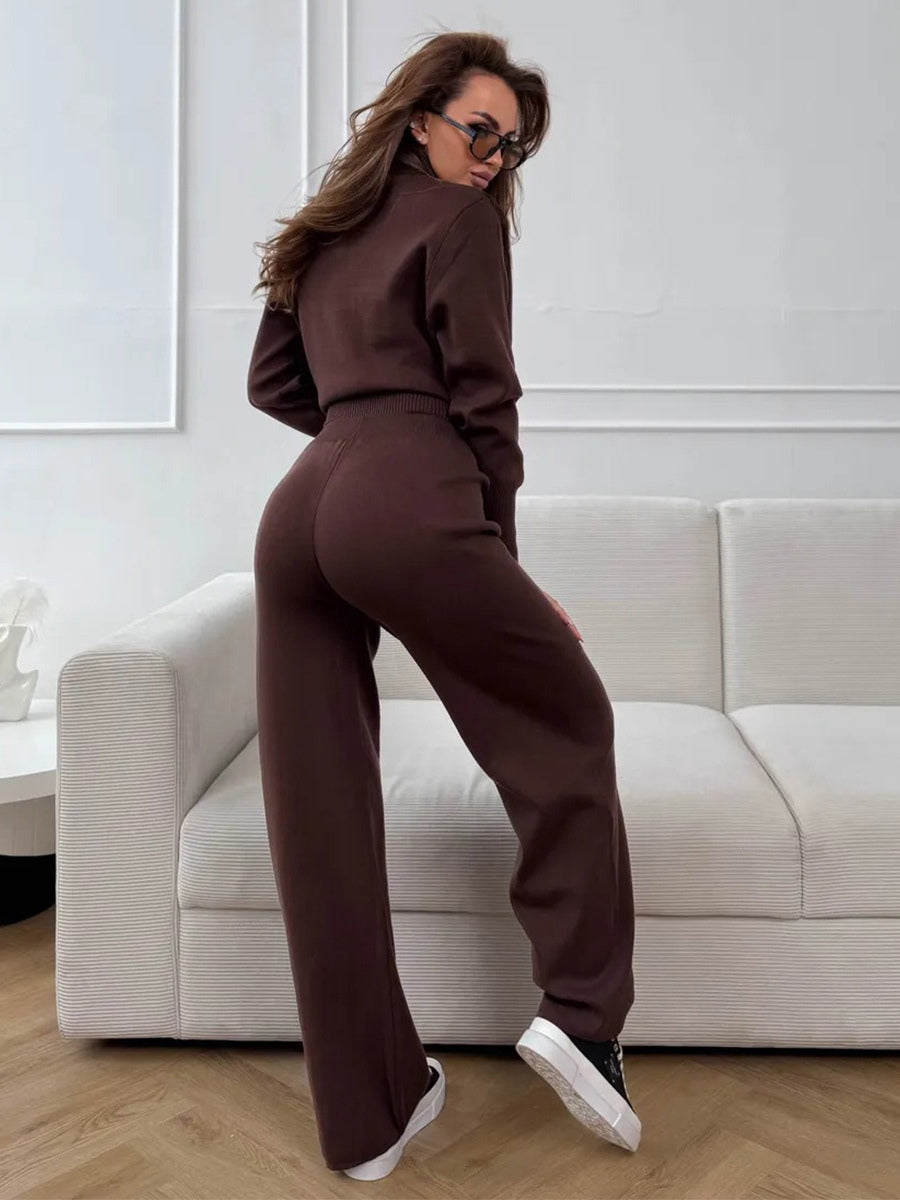 Two Way Zip Knit Lounge Set For Women - Chic Mock Neck Cardigan And Wide Leg Pants - Spring Casual Streetwear 2026