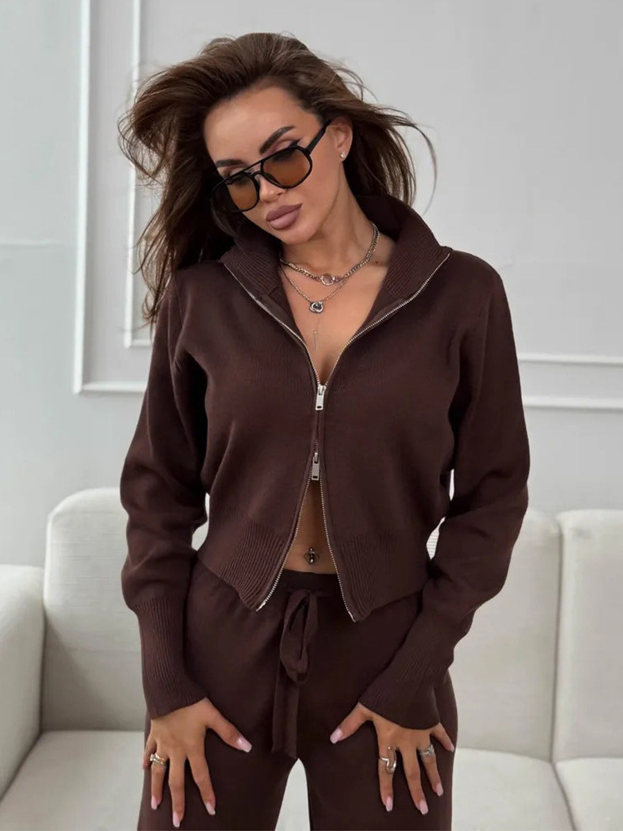 Two Way Zip Knit Lounge Set For Women - Chic Mock Neck Cardigan And Wide Leg Pants - Spring Casual Streetwear 2026