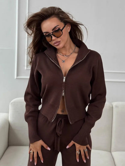 Two Way Zip Knit Lounge Set For Women - Chic Mock Neck Cardigan And Wide Leg Pants - Spring Casual Streetwear 2026