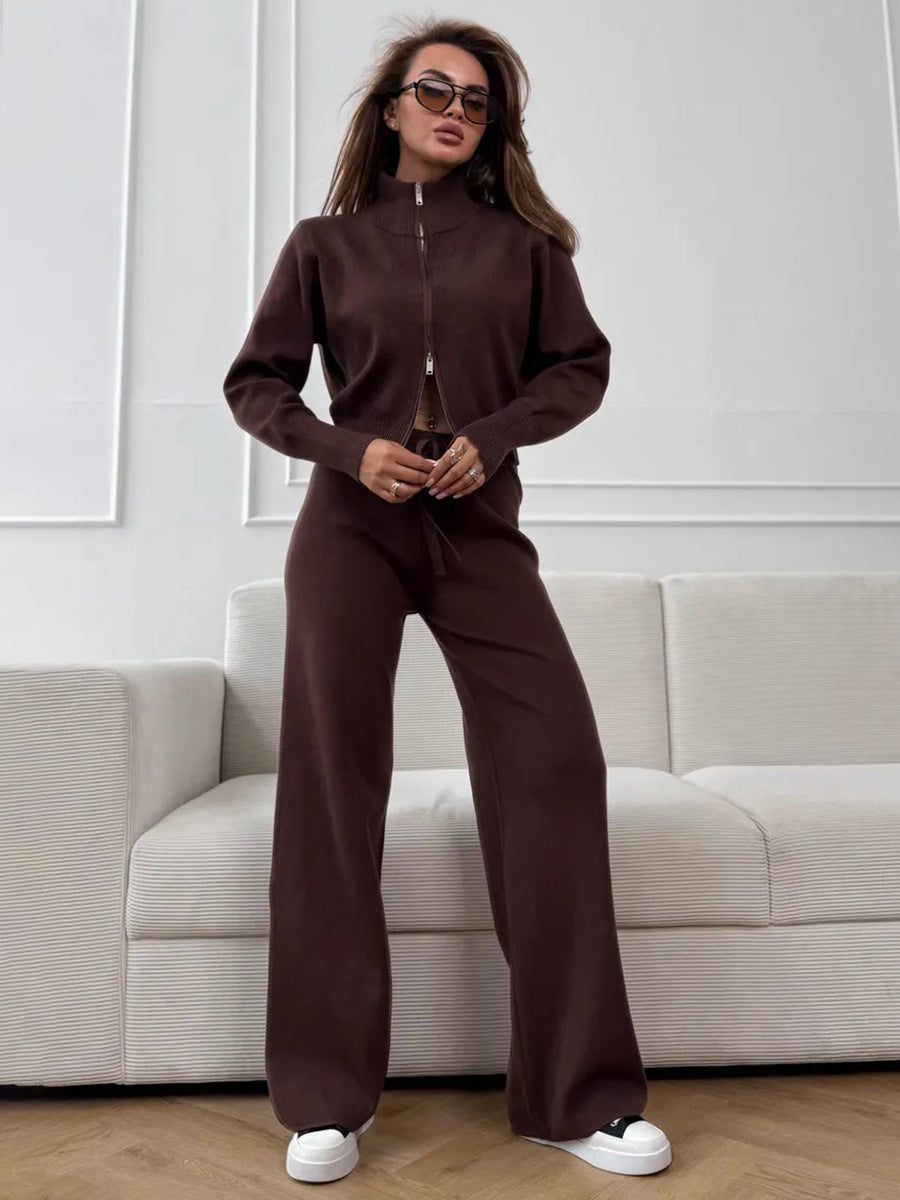 Two Way Zip Knit Lounge Set For Women - Chic Mock Neck Cardigan And Wide Leg Pants - Spring Casual Streetwear 2026