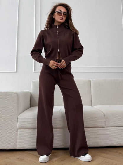 Two Way Zip Knit Lounge Set For Women - Chic Mock Neck Cardigan And Wide Leg Pants - Spring Casual Streetwear 2026