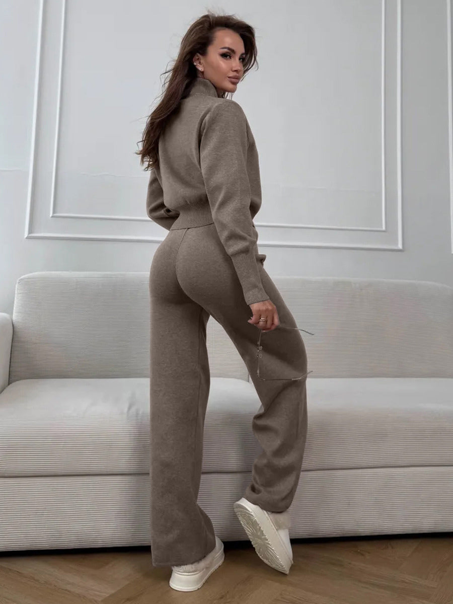 Two Way Zip Knit Lounge Set For Women - Chic Mock Neck Cardigan And Wide Leg Pants - Spring Casual Streetwear 2026