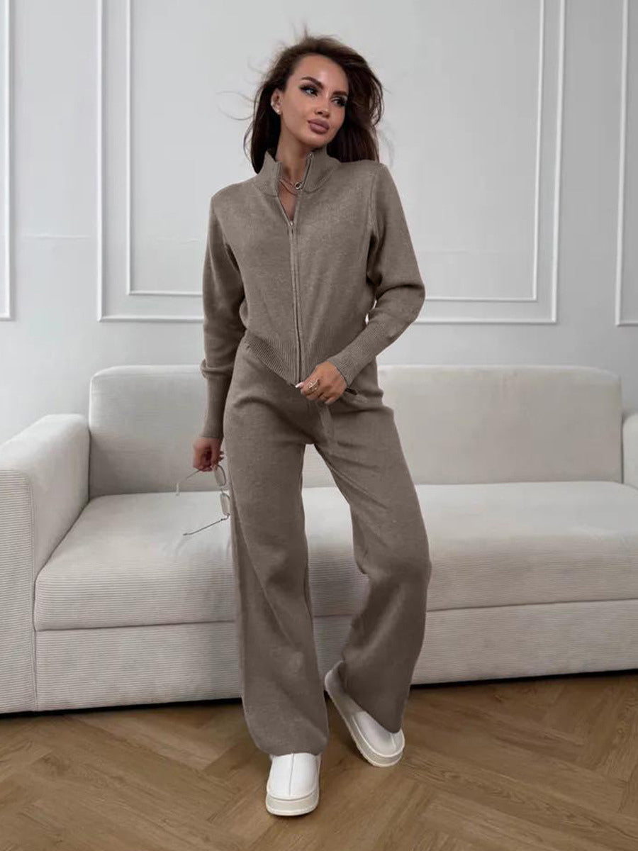 Two Way Zip Knit Lounge Set For Women - Chic Mock Neck Cardigan And Wide Leg Pants - Spring Casual Streetwear 2026