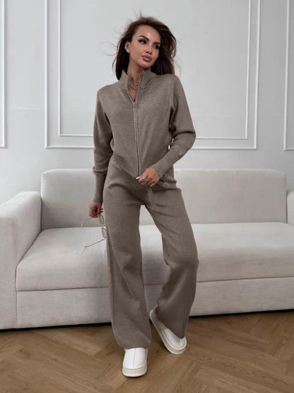 Two Way Zip Knit Lounge Set For Women - Chic Mock Neck Cardigan And Wide Leg Pants - Spring Casual Streetwear 2026