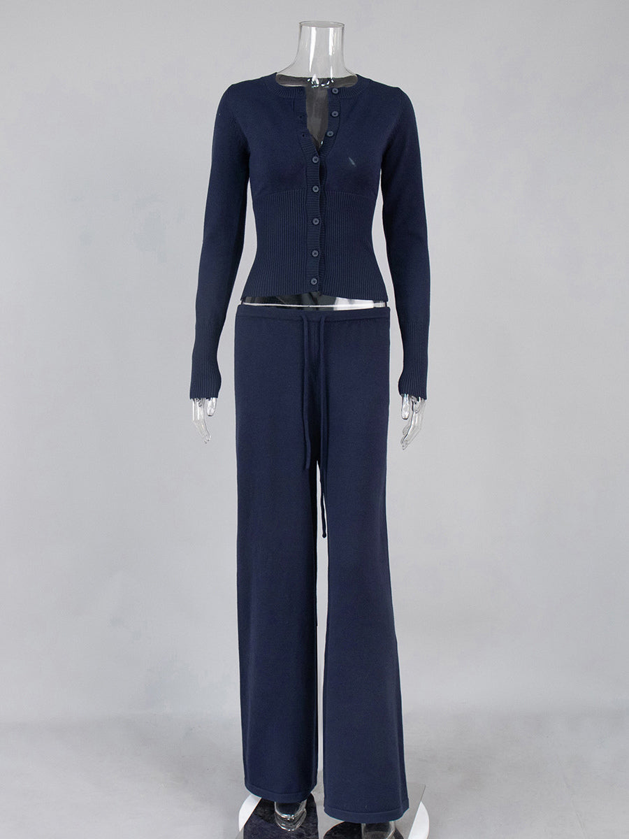Ribbed Knit 2 Piece Set For Women - Slim Fit Button Up Cardigan And Wide Leg Lounge Pants - Spring Home Casual 2026