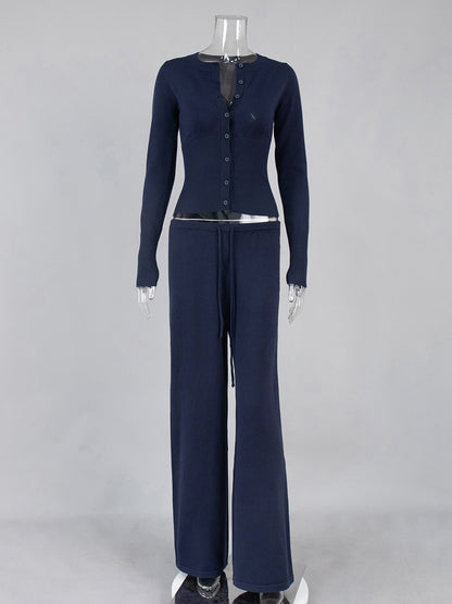 Ribbed Knit 2 Piece Set For Women - Slim Fit Button Up Cardigan And Wide Leg Lounge Pants - Spring Home Casual 2026