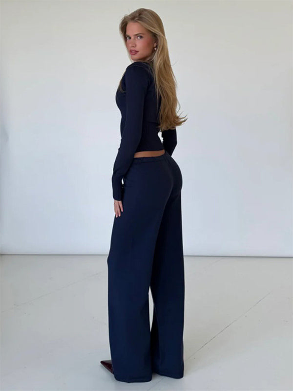 Ribbed Knit 2 Piece Set For Women - Slim Fit Button Up Cardigan And Wide Leg Lounge Pants - Spring Home Casual 2026