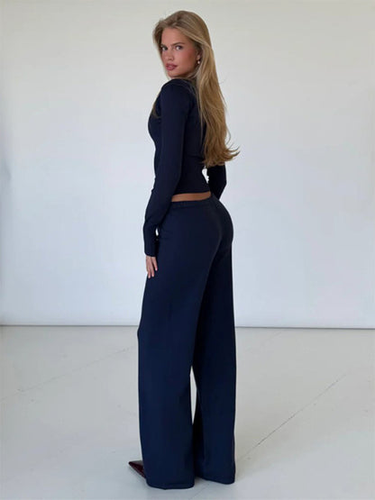 Ribbed Knit 2 Piece Set For Women - Slim Fit Button Up Cardigan And Wide Leg Lounge Pants - Spring Home Casual 2026