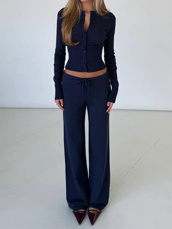 Ribbed Knit 2 Piece Set For Women - Slim Fit Button Up Cardigan And Wide Leg Lounge Pants - Spring Home Casual 2026