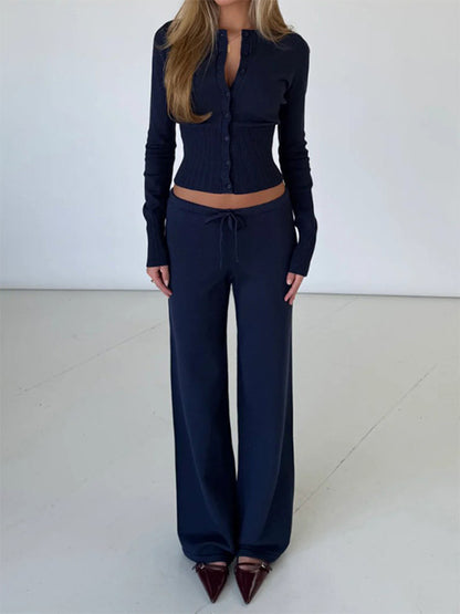 Ribbed Knit 2 Piece Set For Women - Slim Fit Button Up Cardigan And Wide Leg Lounge Pants - Spring Home Casual 2026