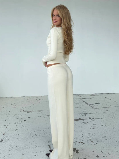 Ribbed Knit 2 Piece Set For Women - Slim Fit Button Up Cardigan And Wide Leg Lounge Pants - Spring Home Casual 2026