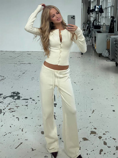 Ribbed Knit 2 Piece Set For Women - Slim Fit Button Up Cardigan And Wide Leg Lounge Pants - Spring Home Casual 2026