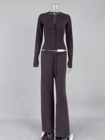 Ribbed Knit 2 Piece Set For Women - Slim Fit Button Up Cardigan And Wide Leg Lounge Pants - Spring Home Casual 2026