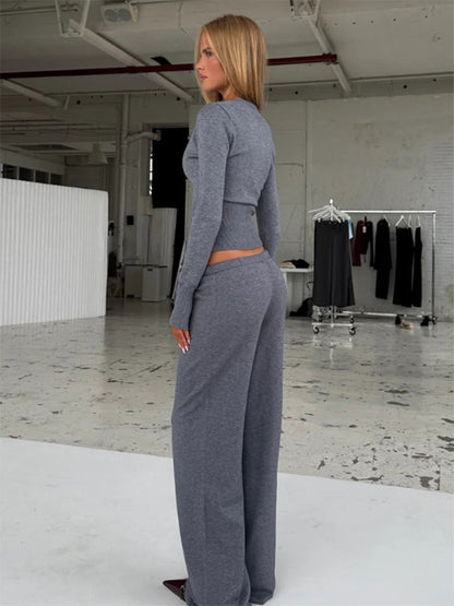 Ribbed Knit 2 Piece Set For Women - Slim Fit Button Up Cardigan And Wide Leg Lounge Pants - Spring Home Casual 2026