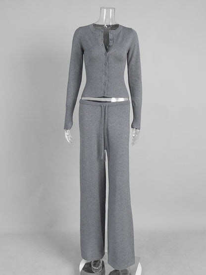 Ribbed Knit 2 Piece Set For Women - Slim Fit Button Up Cardigan And Wide Leg Lounge Pants - Spring Home Casual 2026