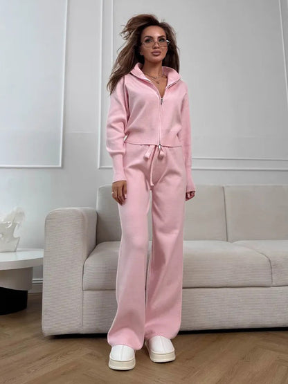 Two Way Zip Knit Lounge Set For Women - Chic Mock Neck Cardigan And Wide Leg Pants - Spring Casual Streetwear 2026