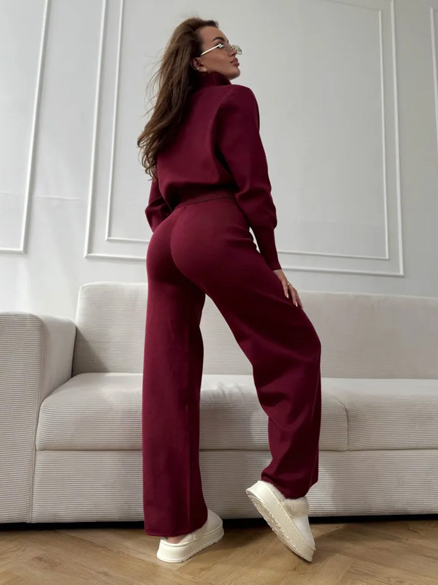 Two Way Zip Knit Lounge Set For Women - Chic Mock Neck Cardigan And Wide Leg Pants - Spring Casual Streetwear 2026