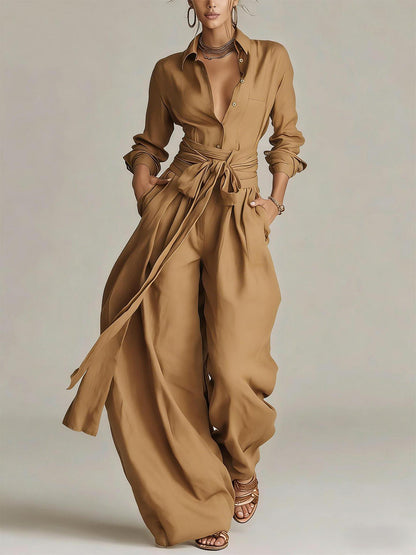 Linen Cotton 2 Piece Set For Women - Elegant Long Sleeves Belted Shirt And Wide Leg Pants - Summer Resort Style 2026