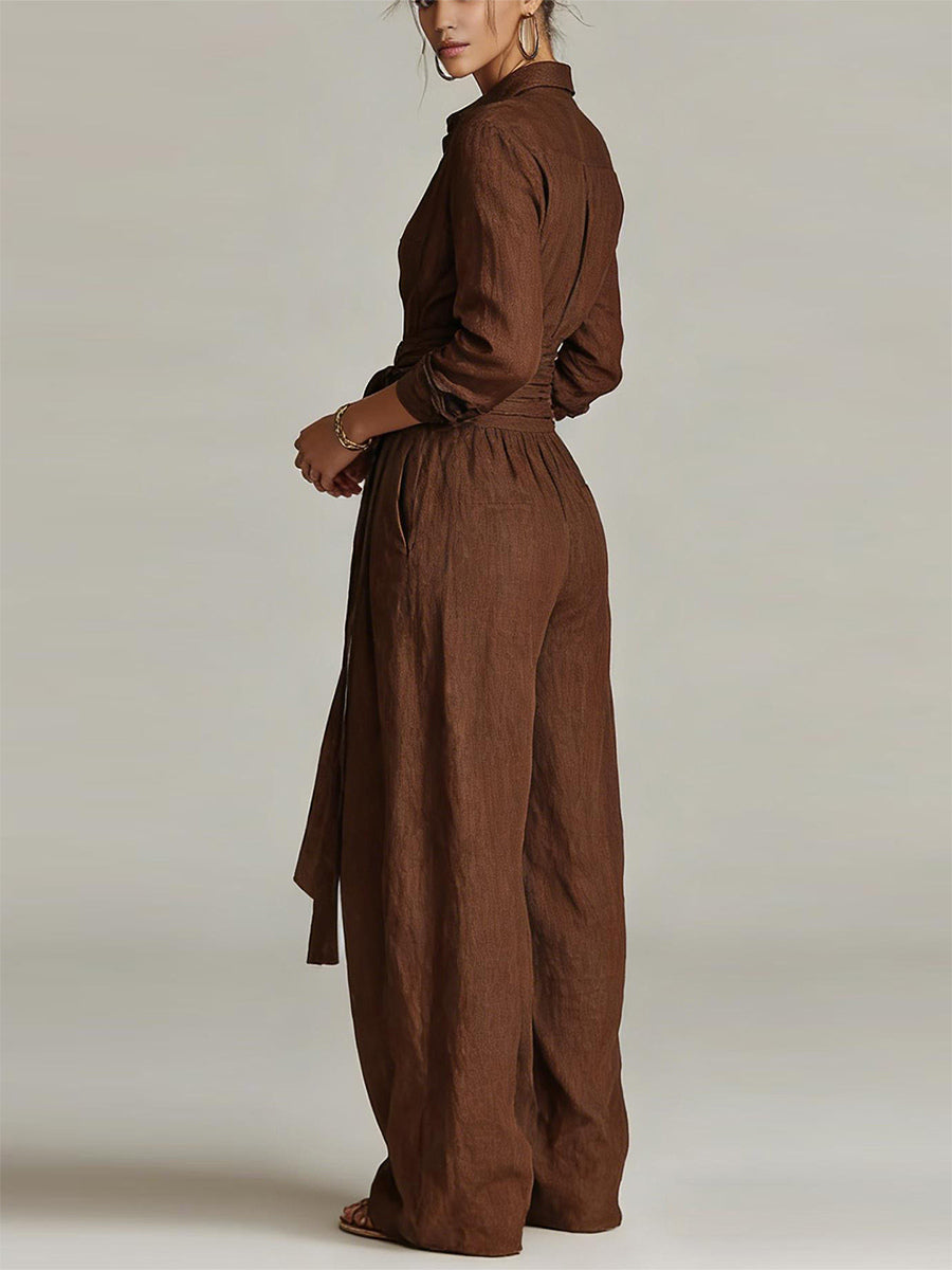 Linen Cotton 2 Piece Set For Women - Elegant Long Sleeves Belted Shirt And Wide Leg Pants - Summer Resort Style 2026