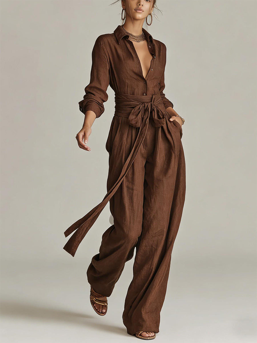 Linen Cotton 2 Piece Set For Women - Elegant Long Sleeves Belted Shirt And Wide Leg Pants - Summer Resort Style 2026