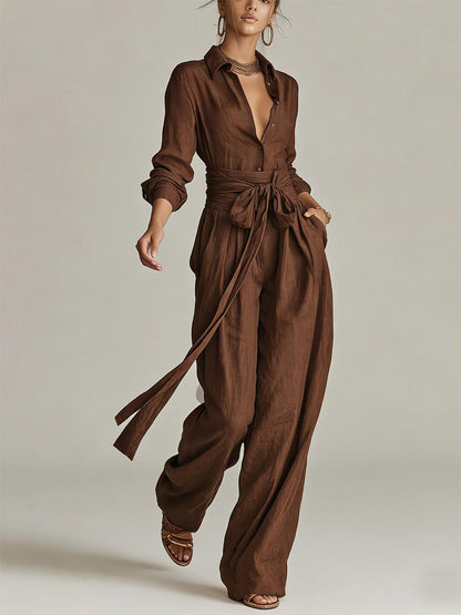 Linen Cotton 2 Piece Set For Women - Elegant Long Sleeves Belted Shirt And Wide Leg Pants - Summer Resort Style 2026